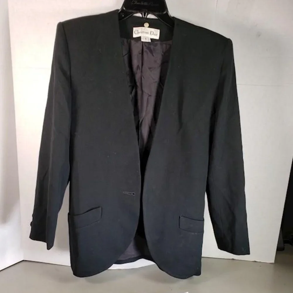 Vintage Womens Size 4 Christian Dior Black Single Button Blazer Lined COA
